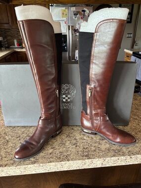 Vince Camuto Chestnut Brown Leather Mid-Calf Boots with Gold Hardware